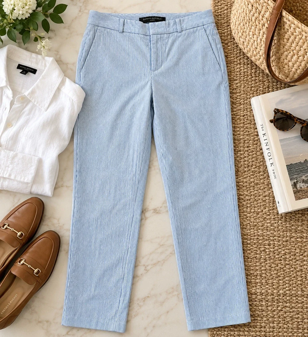Banana Republic Avery Seersucker Pants Womens 4 Blue White Stripe Ankle Preppy